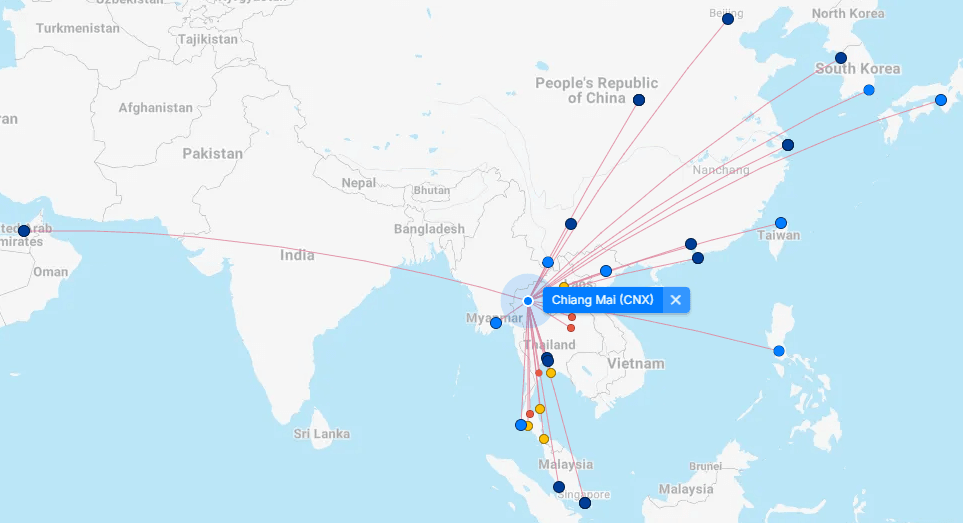 Flights out of Chiang Mai CMX as shown by flight connections