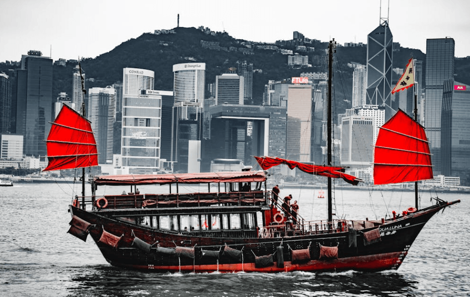Picture of Hong Kong boat in front of Hong Kong city