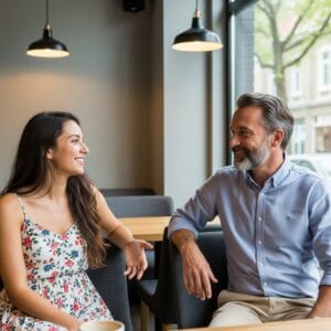 Woman and older man talking in cafe