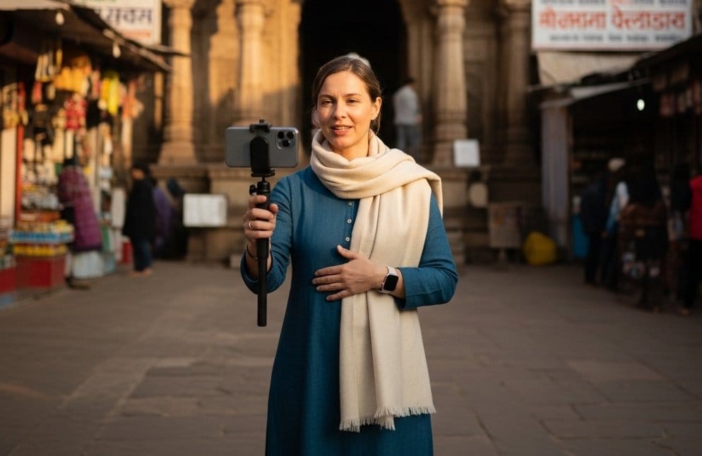 Foreign woman outside a Temple filming a cultural video