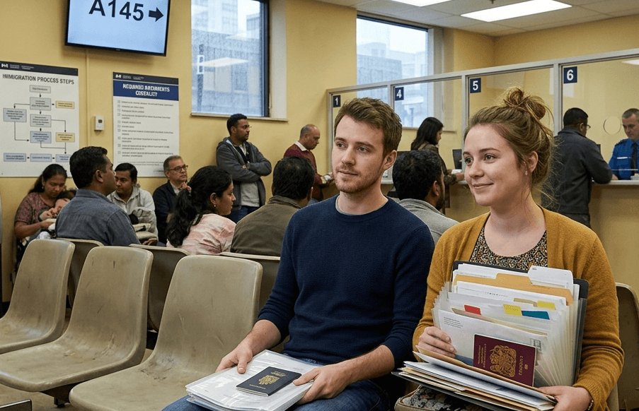 Young couple sitting in an immigration office with paperwork 
