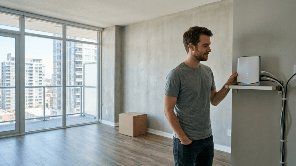 Man looking at a newly installed internet router in a condo