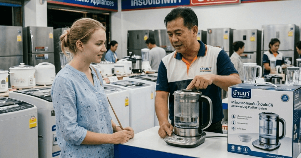 Woman buying a hot water jug from a store