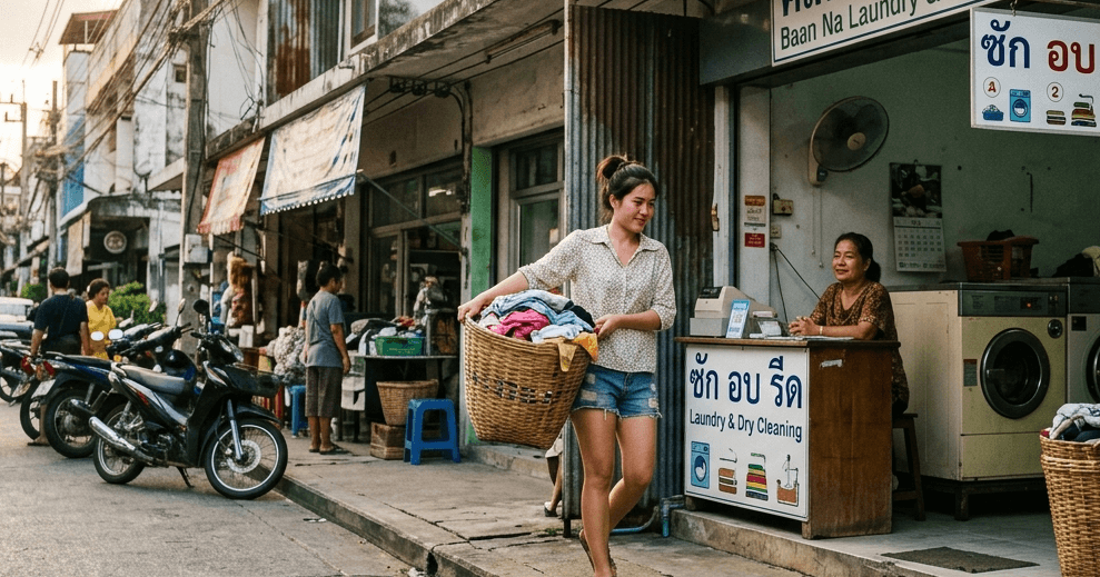 Woman bringing washing to laundry