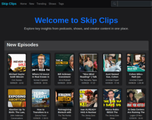 Main page of the Podcast summarising website Skipclips.com