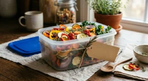 Plastic container filled with dried vegetables